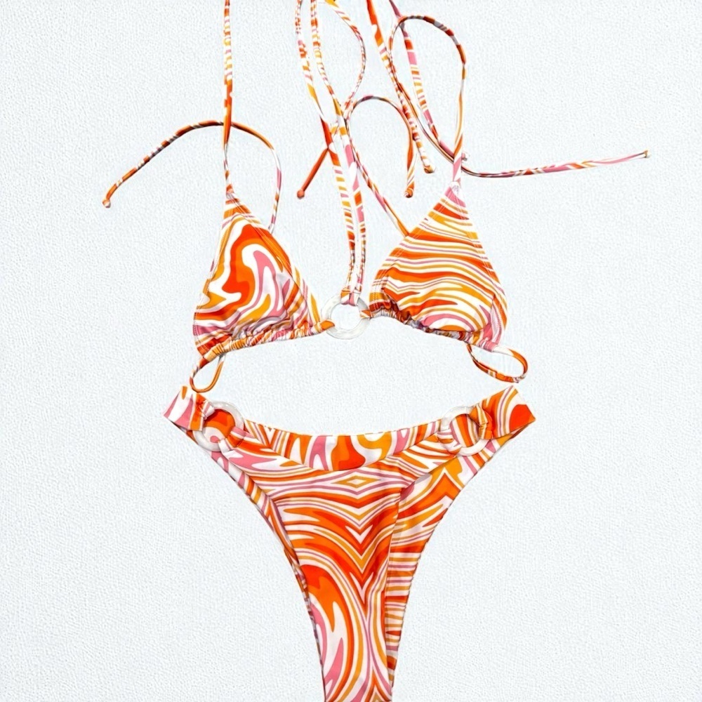 Strawberry Milk Mob Bikini 70s Swirl Print Two Piece Set Y2K Festival Swimwear m